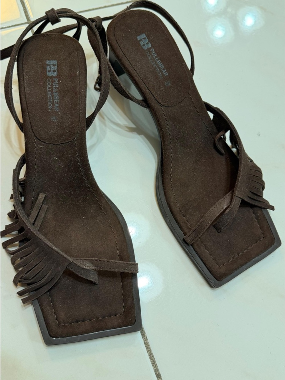Pull&Bear Dark Brown Suede Fringe Tie Sandals